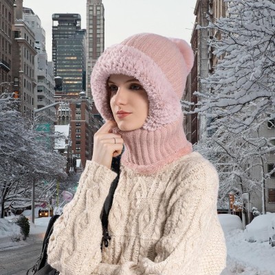 HUAMULAN Winter Fleece Lined Balaclava Beanie Hat HUAMULAN Women's Pink Faux Fur Pompom Ski Balaclava Beanie Hat Mask Set