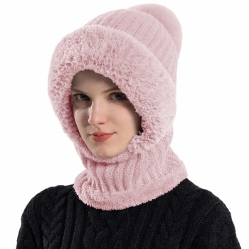 HUAMULAN Women's Winter Fleece Lined Balaclava Beanie Pink Faux Fur Pompom Ski Snow Hat Mask Set