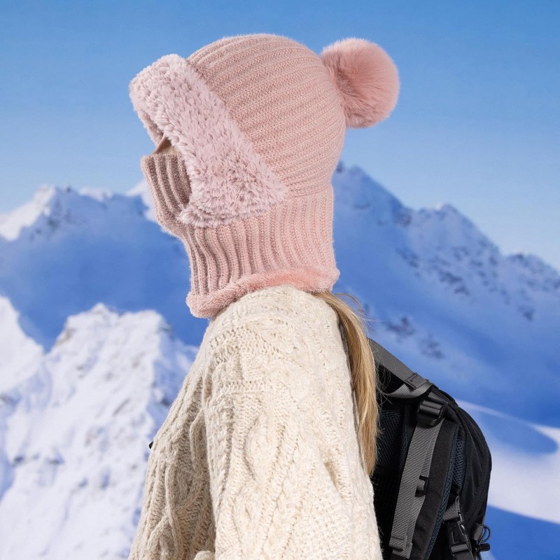 HUAMULAN Winter Fleece Lined Balaclava Beanie Hat HUAMULAN Women's Pink Faux Fur Pompom Ski Balaclava Beanie Hat Mask Set