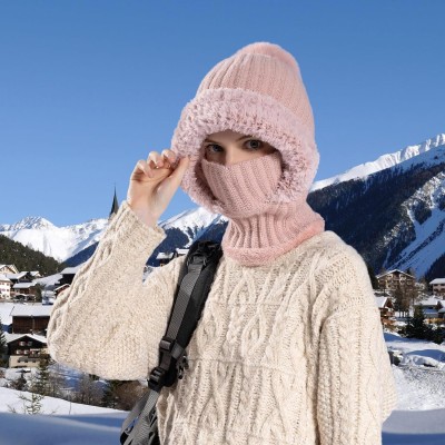 HUAMULAN Winter Fleece Lined Balaclava Beanie Hat HUAMULAN Women's Pink Faux Fur Pompom Ski Balaclava Beanie Hat Mask Set