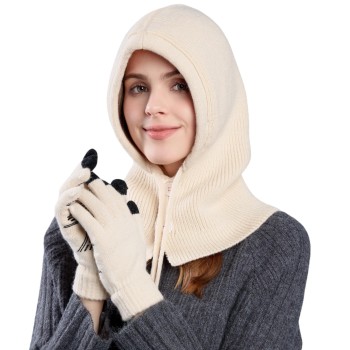 Women's Winter Knit Balaclava Beanie Gloves Set Buttoned Mouth Cover Warm for Skiing Biking Running