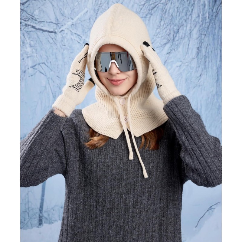 Women's Winter Knit Balaclava Beanie Gloves Set with Buttoned Mouth Cover for Skiing