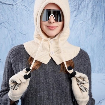 Women's Winter Knit Balaclava Beanie Gloves Set Buttoned Mouth Cover Warm for Skiing Biking Running