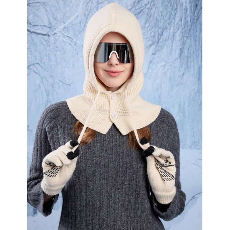 Women's Winter Knit Balaclava Beanie Gloves Set with Buttoned Mouth Cover for Skiing