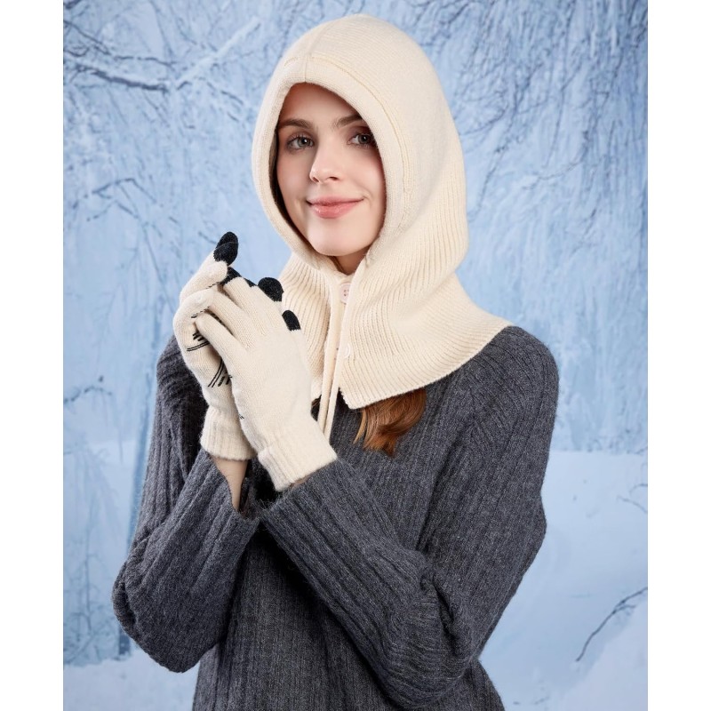 Women's Winter Knit Balaclava Beanie Gloves Set with Buttoned Mouth Cover for Skiing