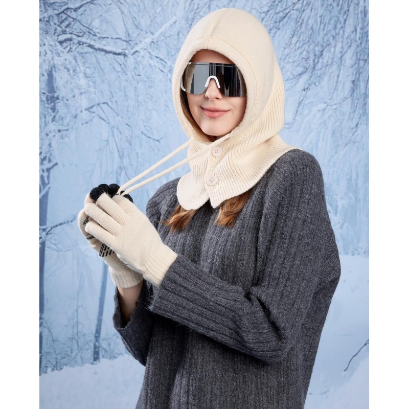 Women's Winter Knit Balaclava Beanie Gloves Set with Buttoned Mouth Cover for Skiing