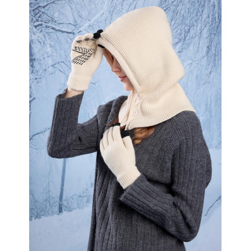 Women's Winter Knit Balaclava Beanie Gloves Set with Buttoned Mouth Cover for Skiing