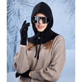 Women's Premium Winter Knit Balaclava Beanie Gloves Set Buttoned Mouth Cover Warm Hooded Scarf for Outdoor Women's Premium Winter Knit Balaclava Beanie Gloves Set Buttoned Mouth Cover Warm Hooded Scarf for Outdoor