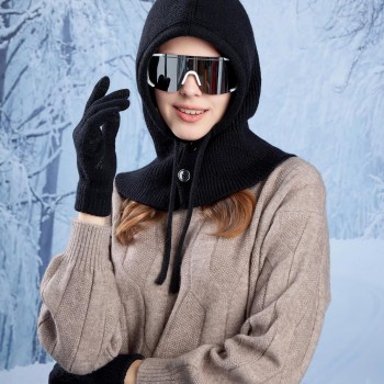 Women's Premium Winter Knit Balaclava Beanie Gloves Set Buttoned Mouth Cover Warm Hooded Scarf for Outdoor