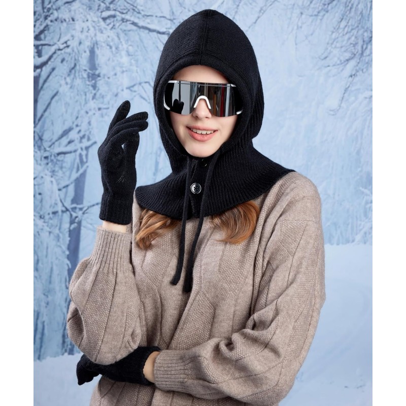 Women's winter knit balaclava beanie gloves set with buttoned mouth cover