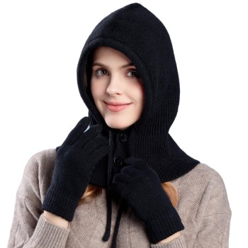Women's Premium Winter Knit Balaclava Beanie Gloves Set Buttoned Mouth Cover Warm Hooded Scarf for Outdoor