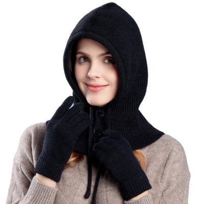 Women's winter knit balaclava beanie gloves set with buttoned mouth cover