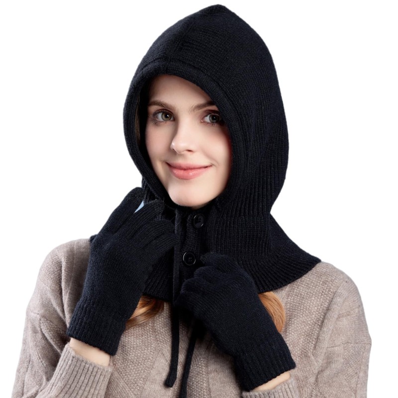 Women's winter knit balaclava beanie gloves set with buttoned mouth cover