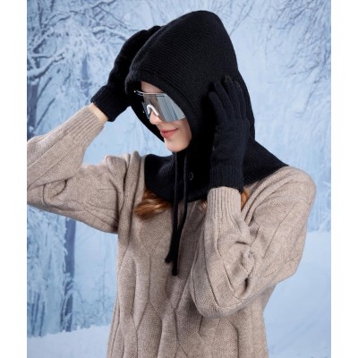 Women's winter knit balaclava beanie gloves set with buttoned mouth cover