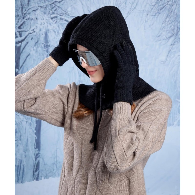 Women's winter knit balaclava beanie gloves set with buttoned mouth cover