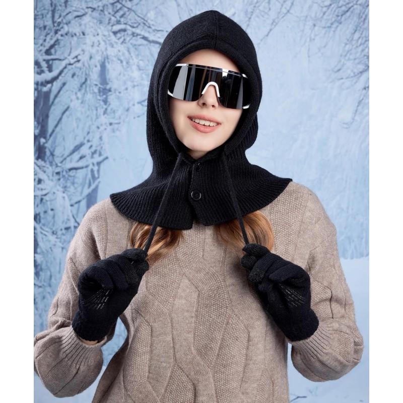 Women's winter knit balaclava beanie gloves set with buttoned mouth cover