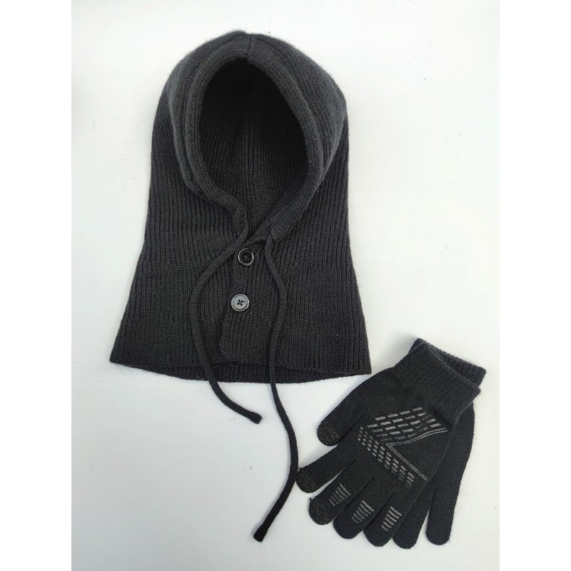 Women's winter knit balaclava beanie gloves set with buttoned mouth cover
