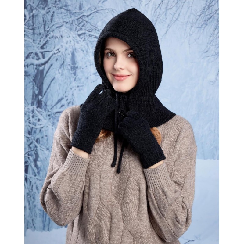 Women's winter knit balaclava beanie gloves set with buttoned mouth cover
