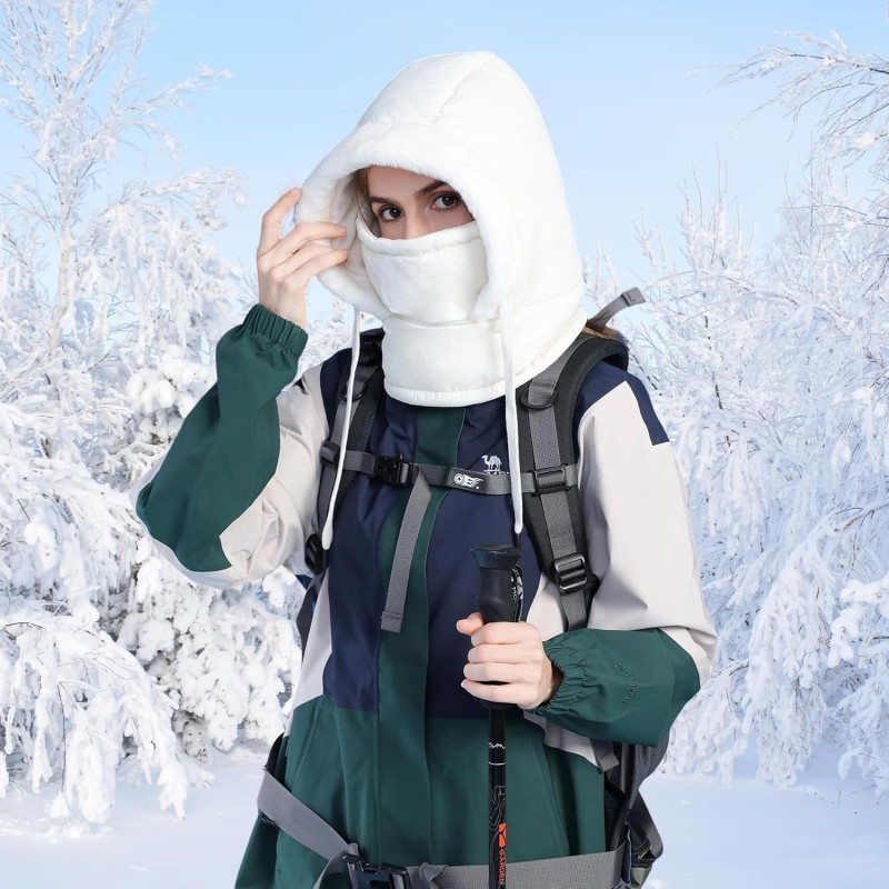 HUAMULAN Unisex Winter 3-in-1 Cream White Ski Balaclava Hat HUAMULAN Cream White 3-in-1 Waterproof Fleece Ski Balaclava Face Shield