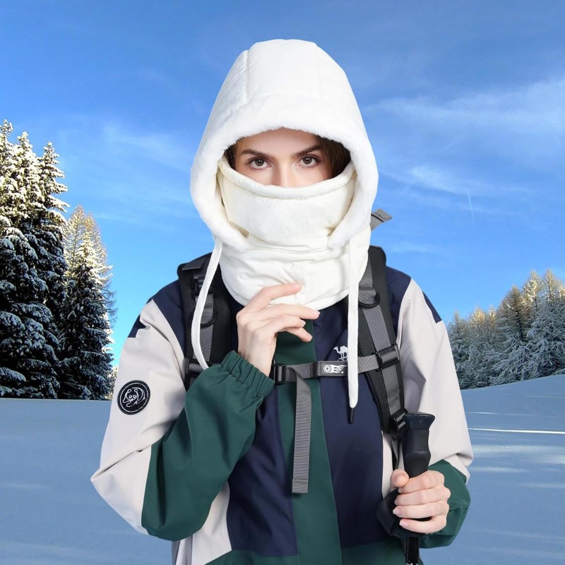 HUAMULAN Unisex Winter 3-in-1 Cream White Ski Balaclava Hat HUAMULAN Cream White 3-in-1 Waterproof Fleece Ski Balaclava Face Shield