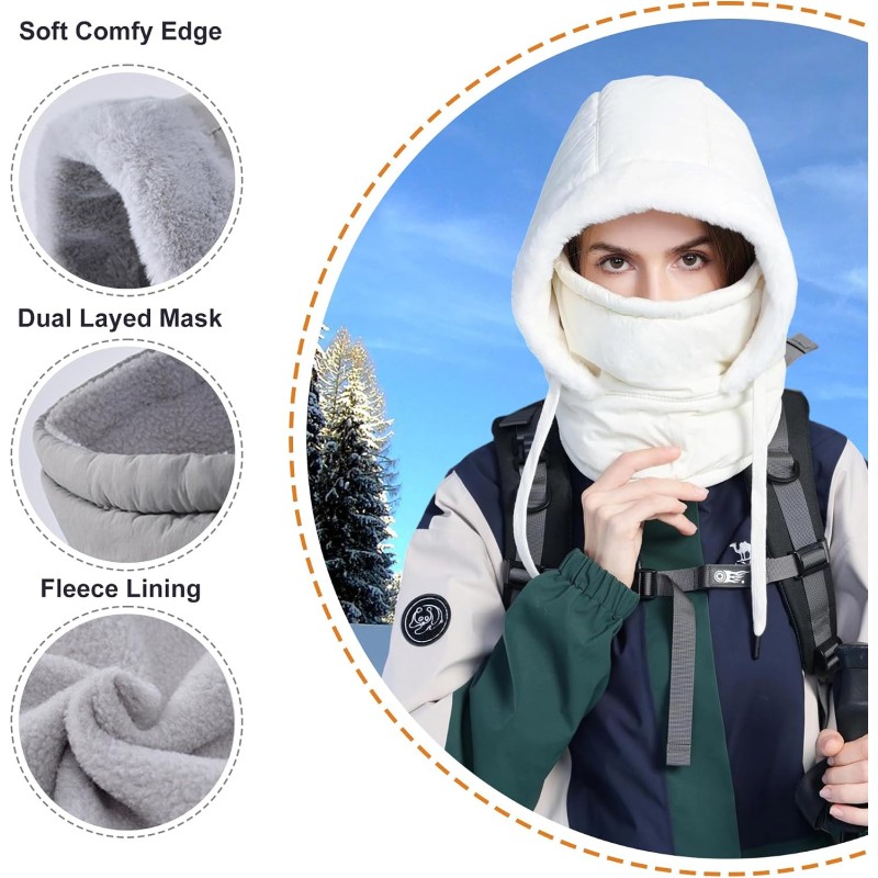 HUAMULAN Unisex Winter 3-in-1 Cream White Ski Balaclava Hat HUAMULAN Cream White 3-in-1 Waterproof Fleece Ski Balaclava Face Shield