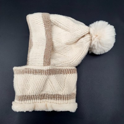 HUAMULAN Women's 3-in-1 Fleece Lined Pom Pom Balaclava Ski Hat Beige Khaki Stripe HUAMULAN Women's Beige Khaki Stripe Pom Pom Balaclava Ski Hat