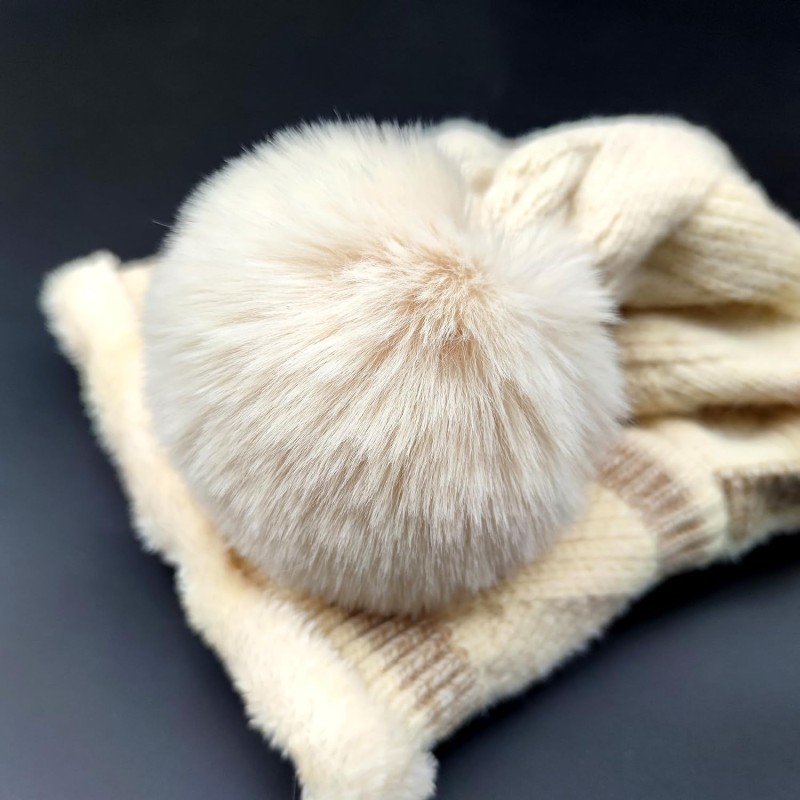 HUAMULAN Women's 3-in-1 Fleece Lined Pom Pom Balaclava Ski Hat Beige Khaki Stripe HUAMULAN Women's Beige Khaki Stripe Pom Pom Balaclava Ski Hat