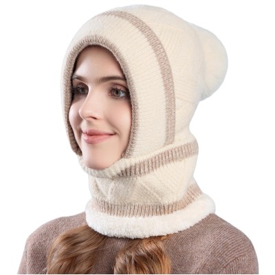 HUAMULAN Women's 3-in-1 Fleece Lined Pom Pom Balaclava Ski Hat Beige Khaki Stripe HUAMULAN Women's Beige Khaki Stripe Pom Pom Balaclava Ski Hat