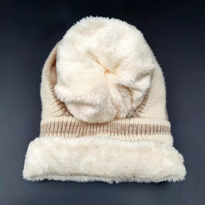 HUAMULAN Women's 3-in-1 Fleece Lined Pom Pom Balaclava Ski Hat Beige Khaki Stripe HUAMULAN Women's Beige Khaki Stripe Pom Pom Balaclava Ski Hat