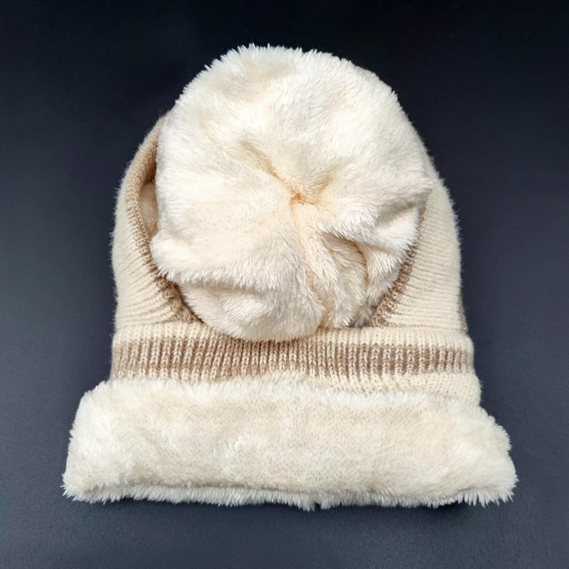HUAMULAN Women's 3-in-1 Fleece Lined Pom Pom Balaclava Ski Hat Beige Khaki Stripe HUAMULAN Women's Beige Khaki Stripe Pom Pom Balaclava Ski Hat