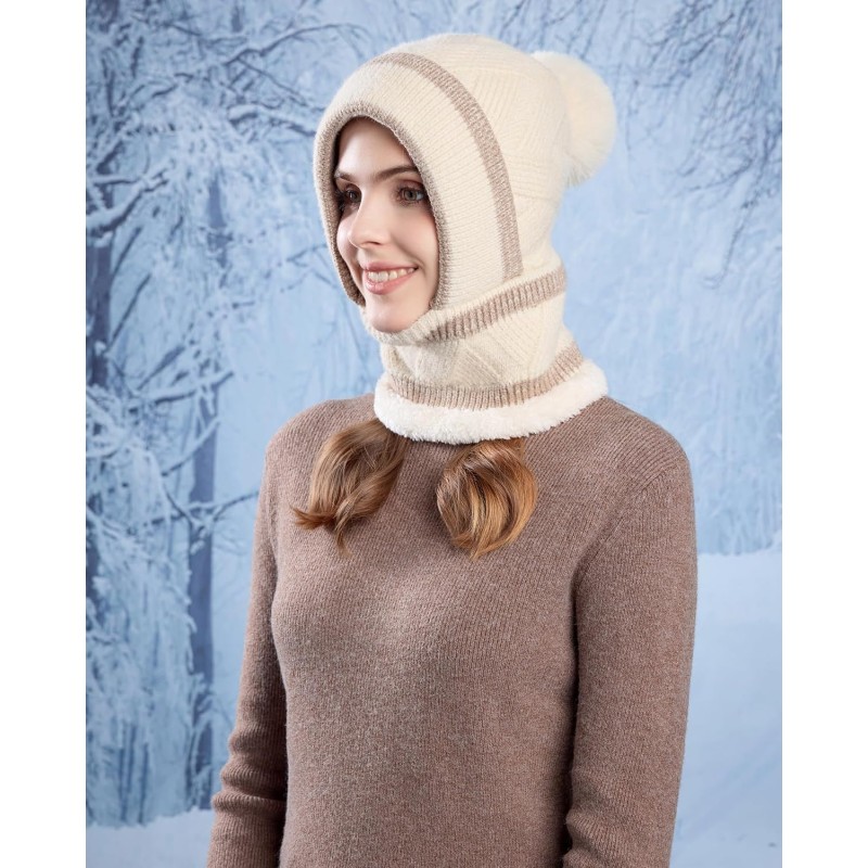 HUAMULAN Women's 3-in-1 Fleece Lined Pom Pom Balaclava Ski Hat Beige Khaki Stripe HUAMULAN Women's Beige Khaki Stripe Pom Pom Balaclava Ski Hat