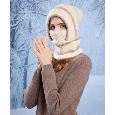 HUAMULAN Women's 3-in-1 Fleece Lined Pom Pom Balaclava Ski Hat Beige Khaki Stripe HUAMULAN Women's Beige Khaki Stripe Pom Pom Balaclava Ski Hat