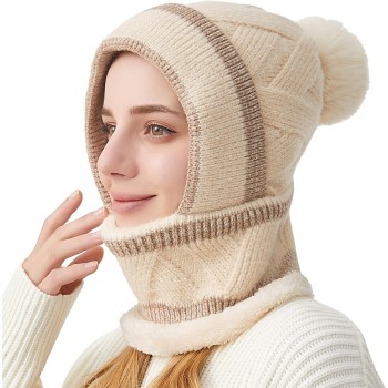 HUAMULAN Women's 3-in-1 Winter Fleece Lined Pom Pom Balaclava Set Ski Snow Hat Beige Khaki Stripe
