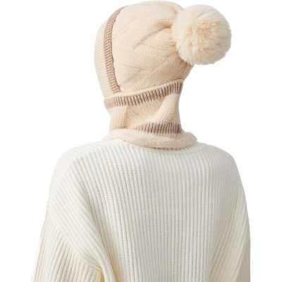 HUAMULAN Women's 3-in-1 Fleece Lined Pom Pom Balaclava Ski Hat Beige Khaki Stripe HUAMULAN Women's Beige Khaki Stripe Pom Pom Balaclava Ski Hat