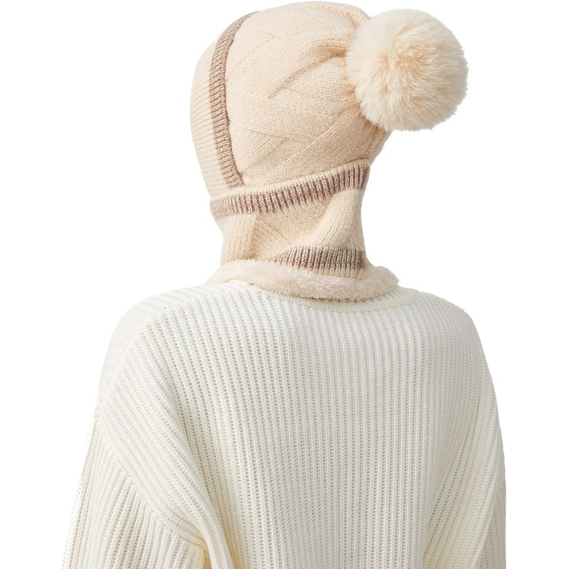 HUAMULAN Women's 3-in-1 Fleece Lined Pom Pom Balaclava Ski Hat Beige Khaki Stripe HUAMULAN Women's Beige Khaki Stripe Pom Pom Balaclava Ski Hat