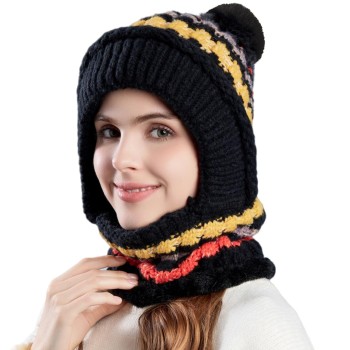 HUAMULAN Women's Winter Fleece Lined Balaclava Beanie 3-in-1 Ski Hat Mask Scarf Set Pom Pom Black Colorful Stripe