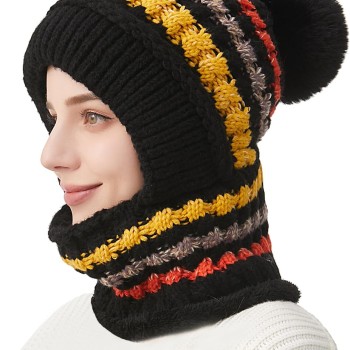 HUAMULAN Women's Winter Fleece Lined Balaclava Beanie 3-in-1 Ski Hat Mask Scarf Set Pom Pom Black Colorful Stripe