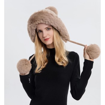 Women's Winter Peruvian Ear Flap Beanie, 3 Pom Poms Fleece Lined Ponytail Ski Snow Hat, Khaki One Size