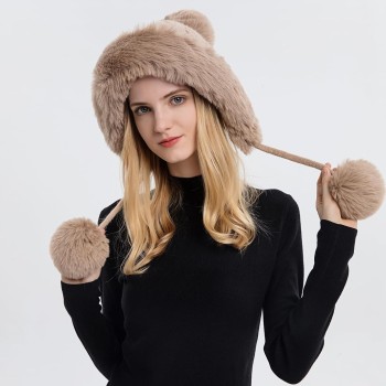 Women's Winter Peruvian Ear Flap Beanie, 3 Pom Poms Fleece Lined Ponytail Ski Snow Hat, Khaki One Size