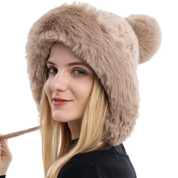 Women's Winter Peruvian Ear Flap Beanie, 3 Pom Poms Fleece Lined Ponytail Ski Snow Hat, Khaki One Size