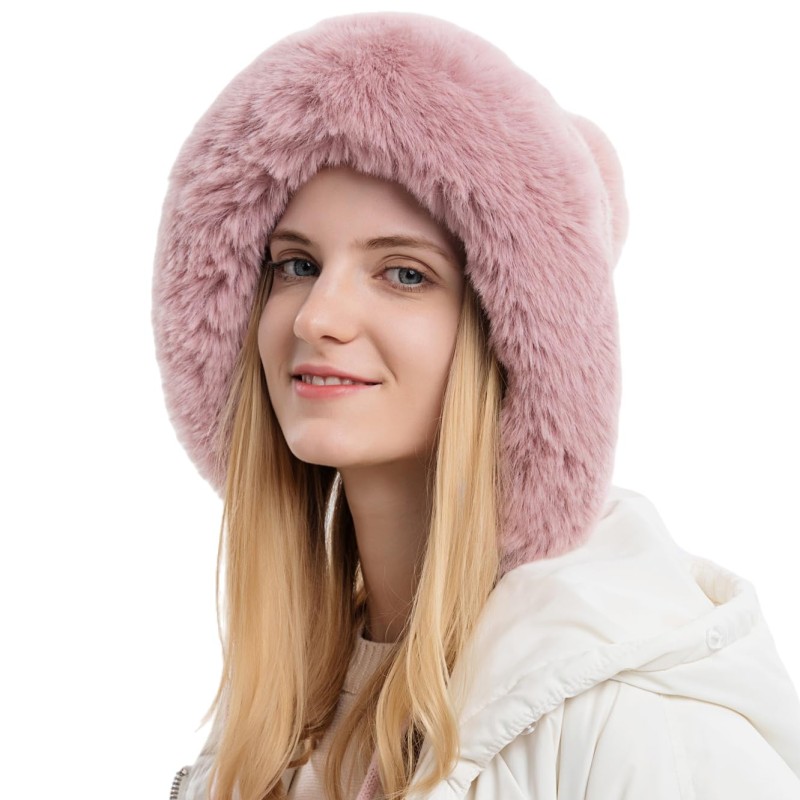 Women's pink Peruvian beanie with fleece lining, pom poms and ear flaps