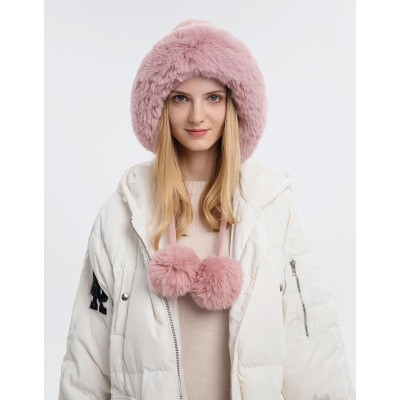 Women's pink Peruvian beanie with fleece lining, pom poms and ear flaps
