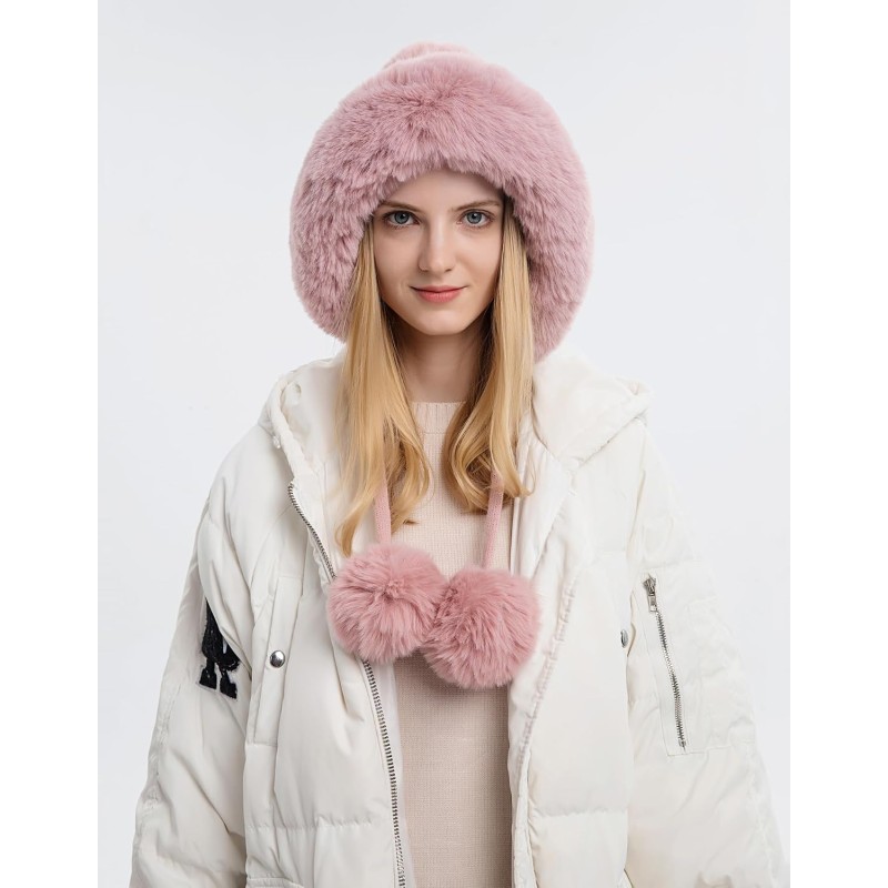 Women's pink Peruvian beanie with fleece lining, pom poms and ear flaps