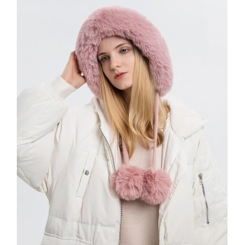 Women's Pink Winter Peruvian Beanie, Fleece Lined 3 Pom Pom Ear Flap Ski Hat, Ponytail Friendly