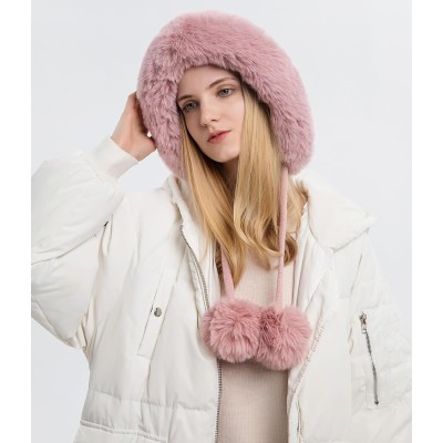 Women's pink Peruvian beanie with fleece lining, pom poms and ear flaps