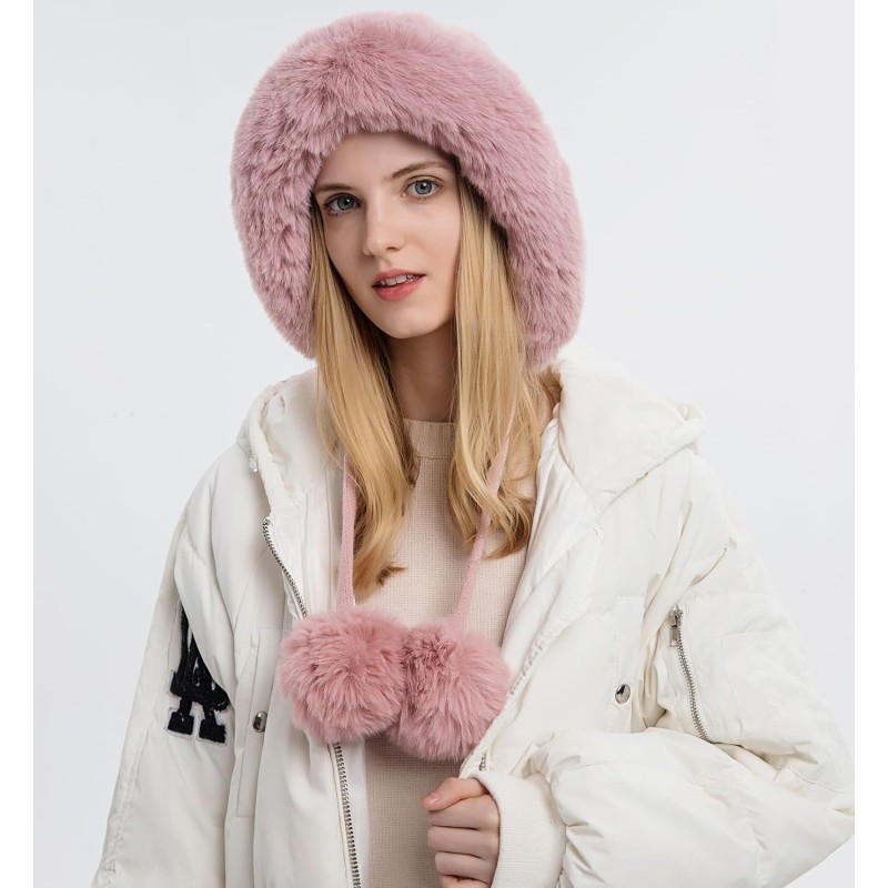Women's pink Peruvian beanie with fleece lining, pom poms and ear flaps