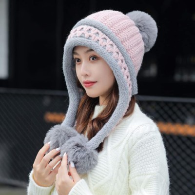 HUAMULAN Women's Winter Fleece Lined Beanie Earflap Pom Poms Ski Hat HUAMULAN Women's Pink Grey Peruvian Winter Fleece Beanie with Earflaps and Pom Poms