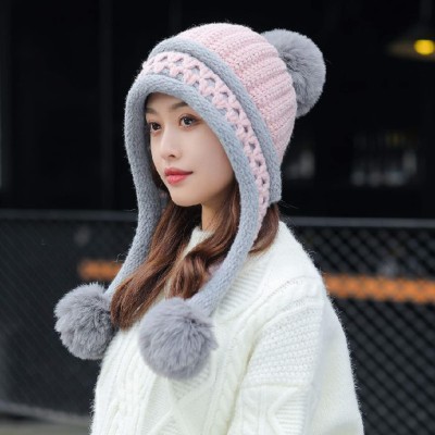 HUAMULAN Women's Winter Fleece Lined Beanie Earflap Pom Poms Ski Hat HUAMULAN Women's Pink Grey Peruvian Winter Fleece Beanie with Earflaps and Pom Poms