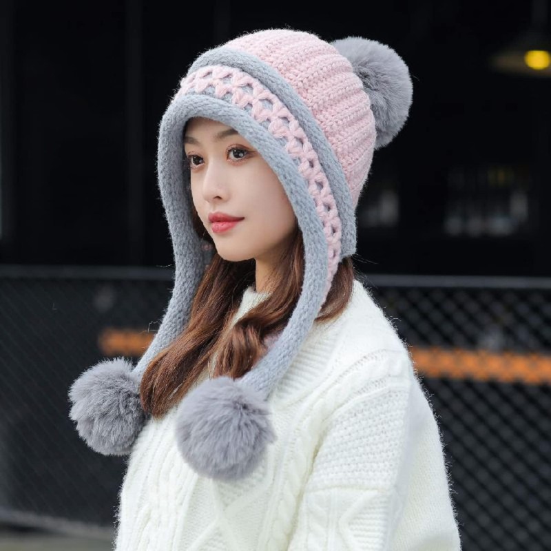 HUAMULAN Women's Winter Fleece Lined Beanie Earflap Pom Poms Ski Hat HUAMULAN Women's Pink Grey Peruvian Winter Fleece Beanie with Earflaps and Pom Poms