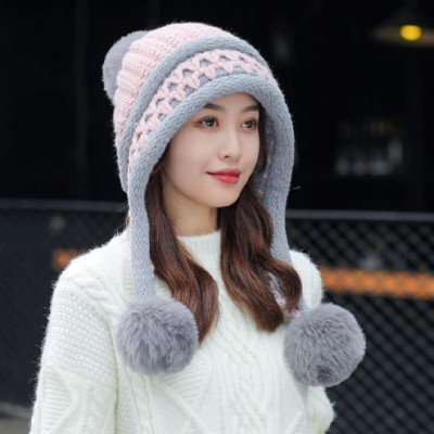 HUAMULAN Women's Winter Fleece Lined Beanie Earflap Pom Poms Ski Hat HUAMULAN Women's Pink Grey Peruvian Winter Fleece Beanie with Earflaps and Pom Poms